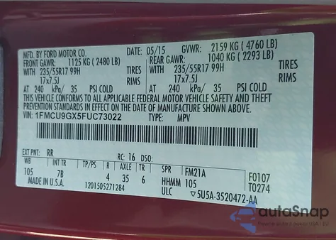 2015 Ford Escape Se z USA, uszkodzony, nr VIN 1FMCU9GX5FUC73022